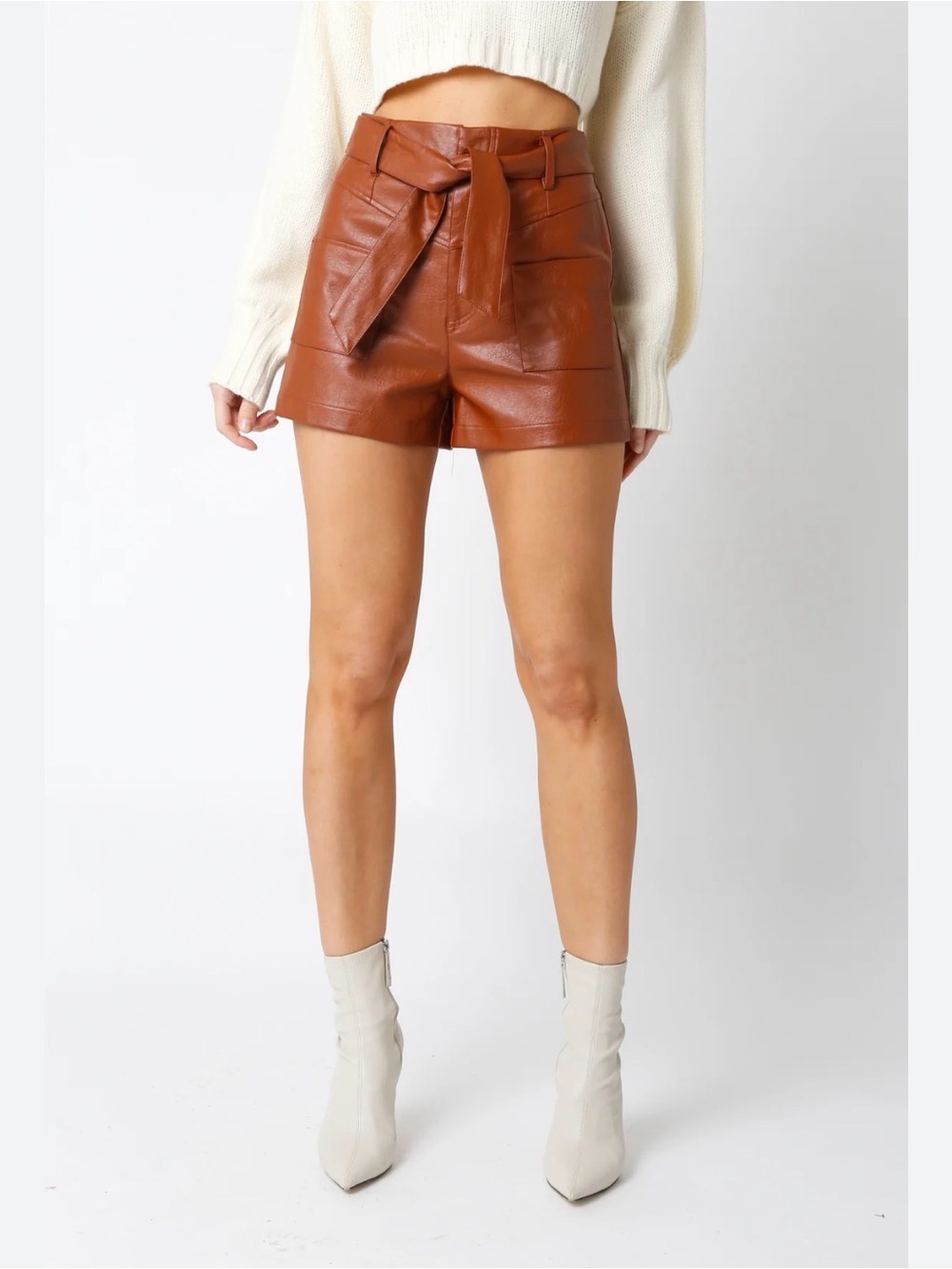SHEIN High-Waist Faux Leather Tie-Belt Shorts - Brown